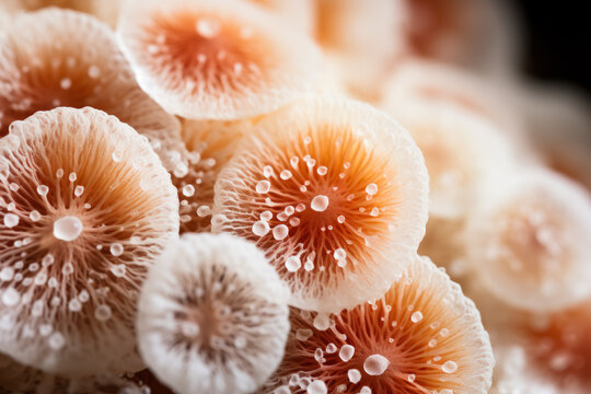Extreme close-up of fungal spores under microscope isolated on a white background 