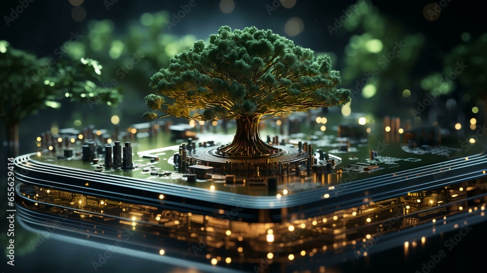 Poster green natural eco-friendly tree and computer technology on an abstract high-tech futuristic backgrou