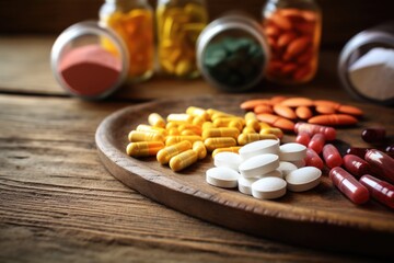 Fototapeta na wymiar a photo featuring various dietary supplements in pill and powder form