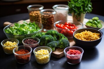 vegan meal preparation with various vegetables and legumes