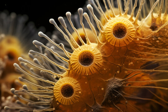Intricate extreme close-up images of fungal spores under microscope 