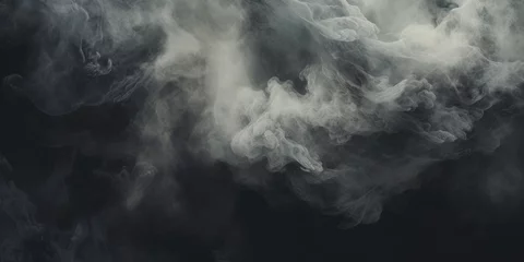 Poster White smoke or steam of dry ice flowing on a dark black background showing a mysterious atmosphere © Maris