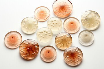 Microscopic view of yeast cells from fermented food isolated on a white background 