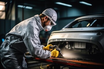 Car body repairs applying plaster on a modern car. Generative AI.