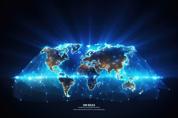 Planet map. Energy rays. Global social network. Futuristic blue background with planet Earth.