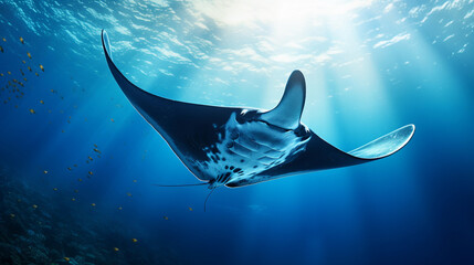 A stunning image of a graceful manta ray gliding through the ocean depths with space for text. AI generated