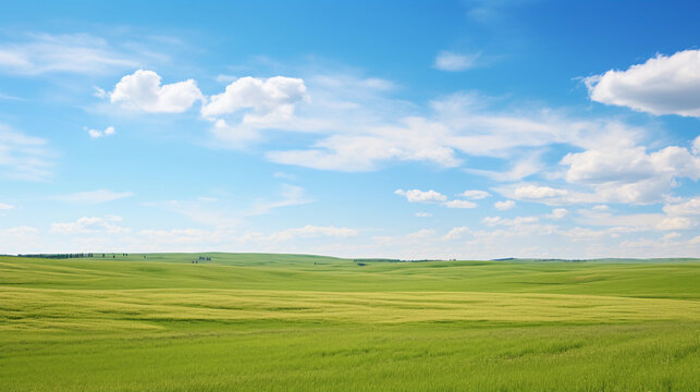 A wide-angle shot of a stunning prairie landscape with space for text, with a clear sky providing ample space for text placement. AI generated