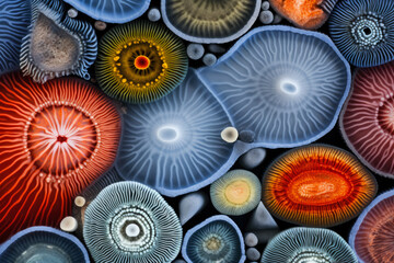 Ultra-magnified microscopic marine organisms displaying vibrant diverse natural patterns 
