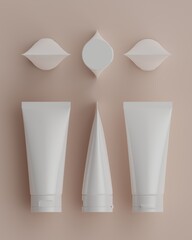 The row of plain white packaging fliptop tubes of skincare products with beige background in flat lay position viewed from top for mockup. 3D Rendering