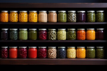 a row of canned food arranged on a shelf