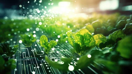 Foto op Plexiglas AI 3d image of the green plant on circuit board  © Aris Suwanmalee