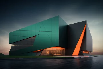 Fotobehang Square modern building exterior in green, black and orange colors © jamesteohart