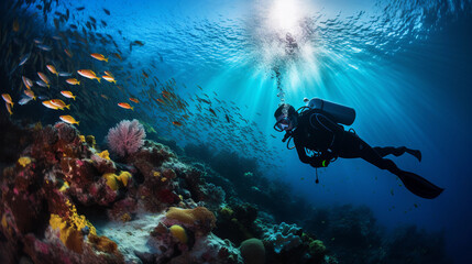 An image of a diver exploring a vibrant underwater world with space for text, surrounded by colorful coral formations and curious sea life. AI generated