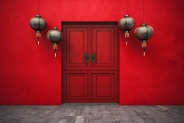 China red door culture. Asian ornament. Generate Ai - obrazy, fototapety, plakaty