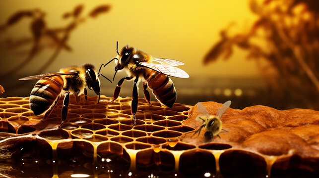 An image illustrating the process of honey extraction by beekeepers with space for text, with honey bees and beehive in the background. AI generated
