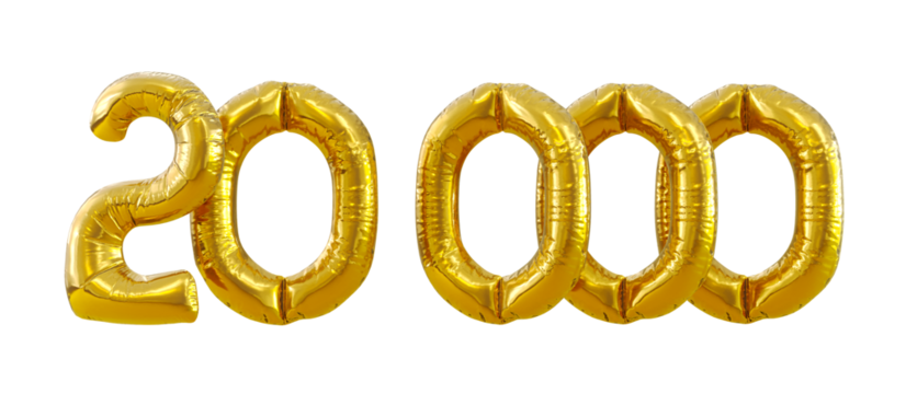 3D render of 20k or 20000 followers thank you Gold balloons, twenty thousand gold number balloons