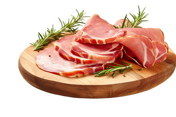 Slices of tasty cured ham and rosemary on wooden board on a white background studio shot isolated PNG