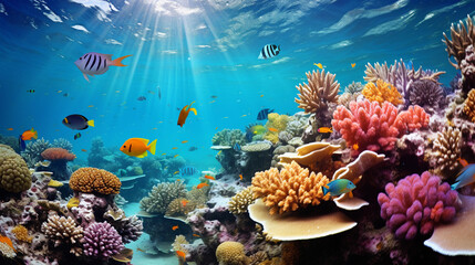 Naklejka na ściany i meble An underwater photograph showcasing colorful coral reefs teeming with marine life with space for text. AI generated