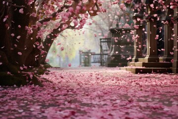 petals from a cherry blossom tree falling onto a garden path