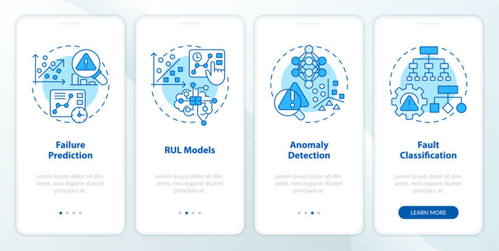 2D blue icons representing predictive maintenance mobile app screen set. Walkthrough 4 steps graphic instructions with line icons concept, UI, UX, GUI template.