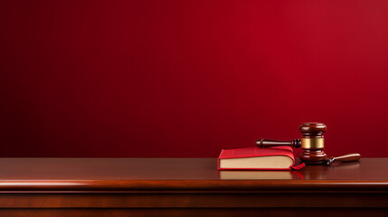 Red legal book and gavel on table with room for texture - obrazy, fototapety, plakaty