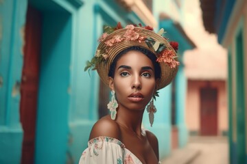 Cuban woman fashion street. Smoke face. Generate Ai - obrazy, fototapety, plakaty