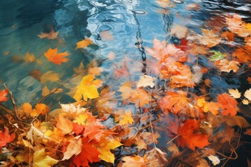 Fototapeta na wymiar bright autumn leaves floating on still water