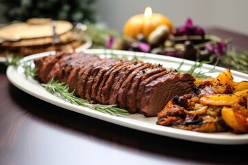 roasted thanksgiving-style fake meat on a white platter