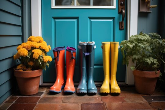 a trio of different-sized rain boots at the door