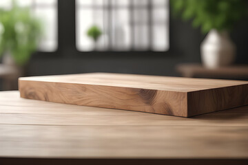 Wood table product presentation with interior background