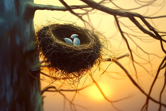 bird's nest with eggs on a tree photography style