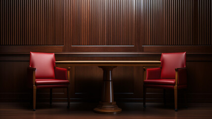 Red wood table and red chair in the justice court