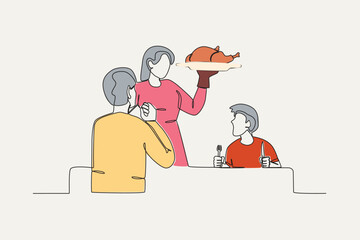 Color illustration of a family celebrating Thanksgiving. Thanksgiving one-line drawing