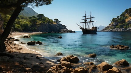 Pirate cove with a weathered ship anchored in a secluded bay
