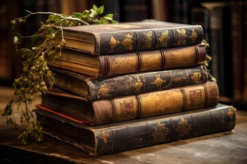 stack of antique leather-bound books