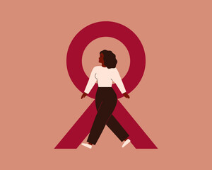Black Woman near big pink ribbon as Breast cancer awareness symbol. Poster of support and solidarity with females fighting oncological diseases. Aids and HIV concept with red ribbon and Strong Girl.