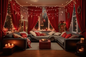 house living room decorated with fairy lights and red banners