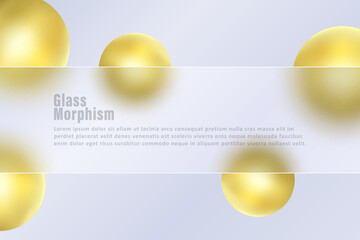 Glass morphism background. Glass banner made of transparent frosted glass and golden spheres on a light background.
