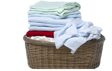 Stack of clean clothes and Wicker basket with clean laundry PNG 