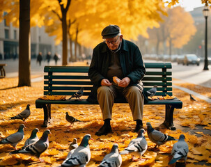 old retired man sited on a bench in the park in an autumn day, feeding pigeons - obrazy, fototapety, plakaty