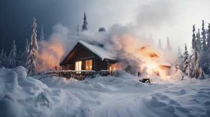Blizzard engulfing a cabin in a snowy wilderness
