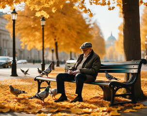 old retired man sited on a bench in the park in an autumn day, feeding pigeons