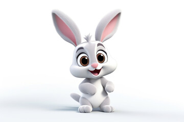 Obraz premium Cute cartoon Bunny: A white and gray cartoon rabbit with a smile and big surprised eyes, playful, standing on a white background.
