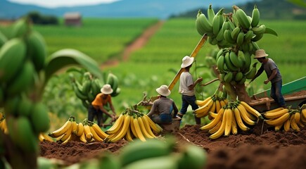 bananas on the tree, banana tree in the garden, harvest for bannanas, close-up of hands picking up of bananas - obrazy, fototapety, plakaty