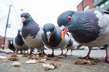 a group of pigeons eating seeds on the sidewalk