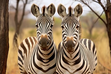 pair of zebras standing side by side, their stripes merging