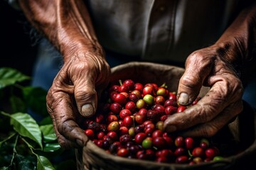 Coffee beans in the hands of a farmer on the farm.