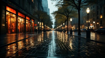 Fototapeta na wymiar Noir-inspired rainy street, dramatic shadows and reflections