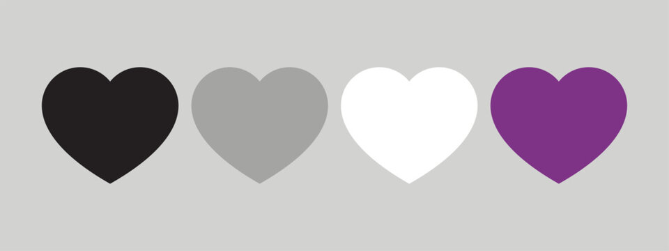 Black, gray, white and purple colored heart icon, as the colors of the asexual flag. LGBTQI concept. Flat vector illustration.	