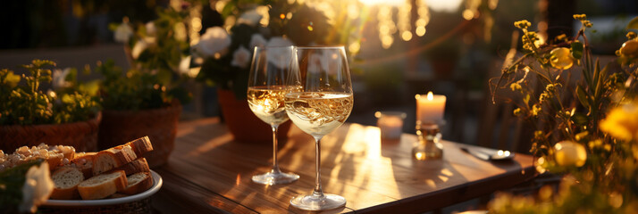 Close-up of glasses of white wine in street cafe at sunset